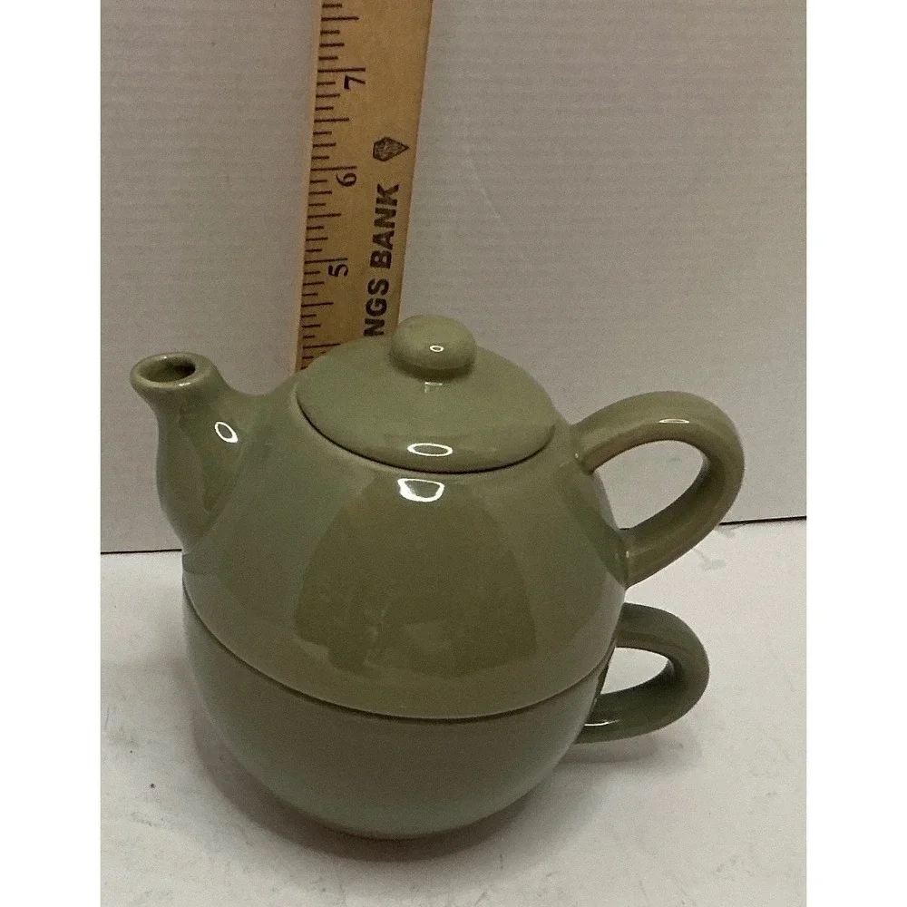 Pier 1 Tea for One Set Sage Green Ceramic Stackable Teapot and Cup Small Minimal